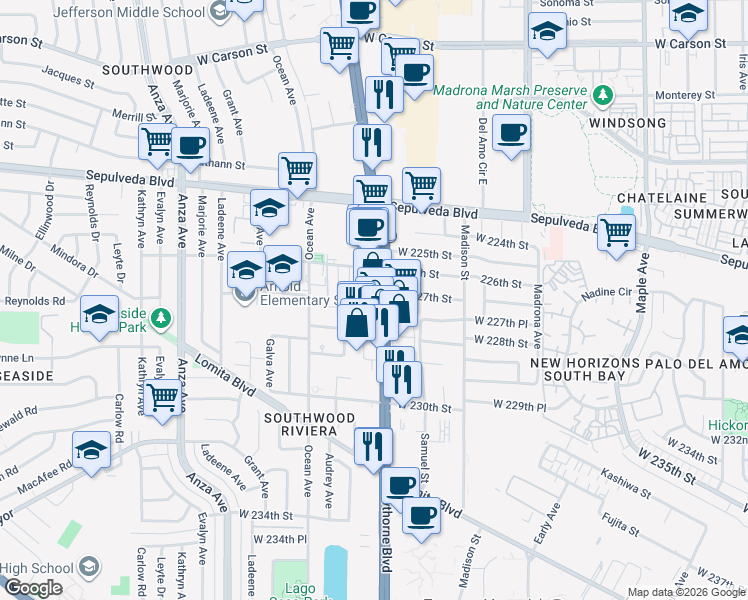map of restaurants, bars, coffee shops, grocery stores, and more near 22715 Hawthorne Boulevard in Torrance
