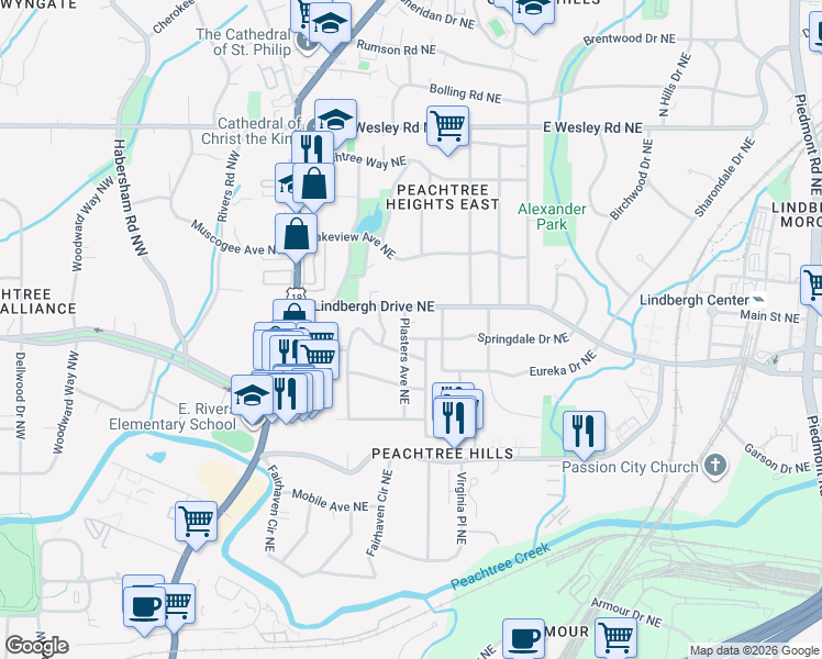 map of restaurants, bars, coffee shops, grocery stores, and more near 132 Springdale Drive Northeast in Atlanta