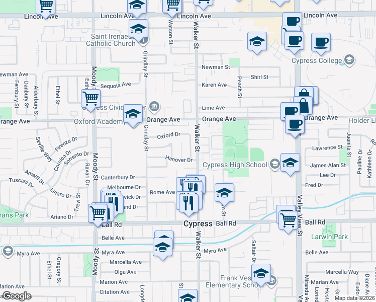 map of restaurants, bars, coffee shops, grocery stores, and more near 9661 Glenbrook Street in Cypress