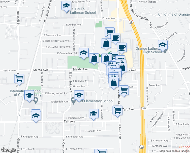 map of restaurants, bars, coffee shops, grocery stores, and more near 2039 North Greengrove Street in Orange
