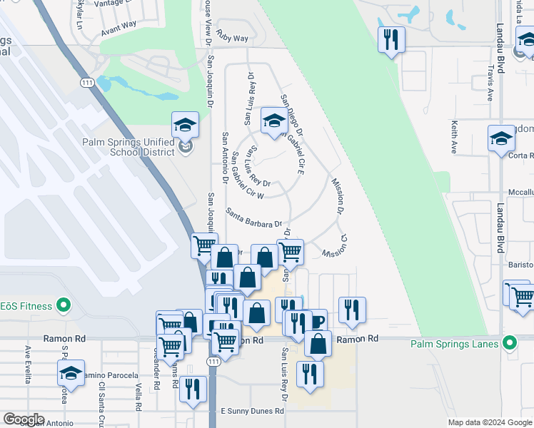 map of restaurants, bars, coffee shops, grocery stores, and more near Mission Drive in Cathedral City