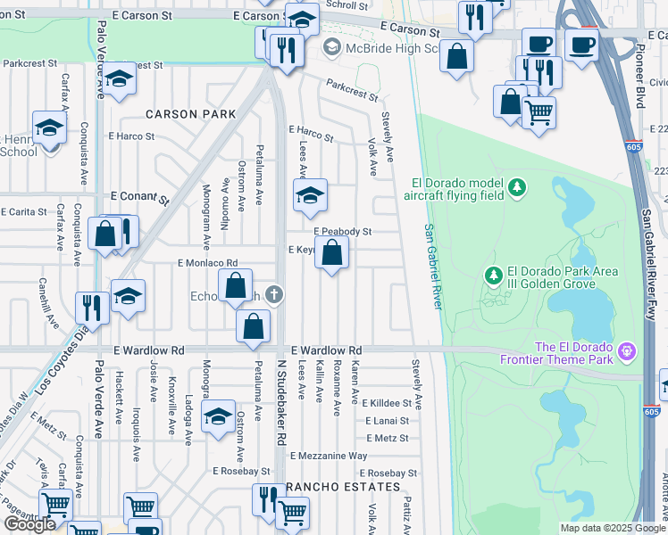 map of restaurants, bars, coffee shops, grocery stores, and more near 3549 Roxanne Avenue in Long Beach