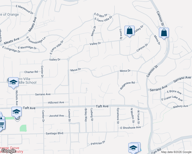 map of restaurants, bars, coffee shops, grocery stores, and more near 18677 S Mesa Dr in Villa Park