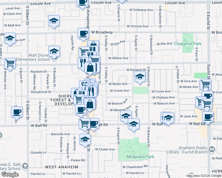 map of restaurants, bars, coffee shops, grocery stores, and more near 2121 West Crone Avenue in Anaheim