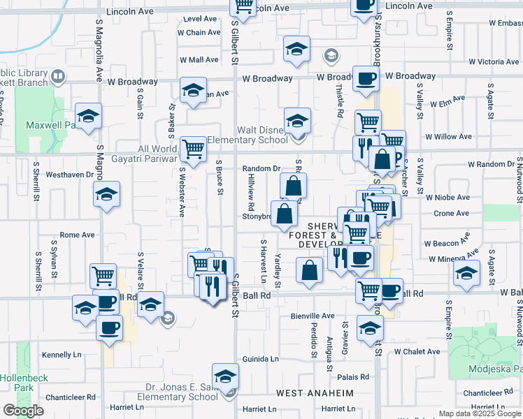 map of restaurants, bars, coffee shops, grocery stores, and more near 9691 South Harvest Lane in Anaheim