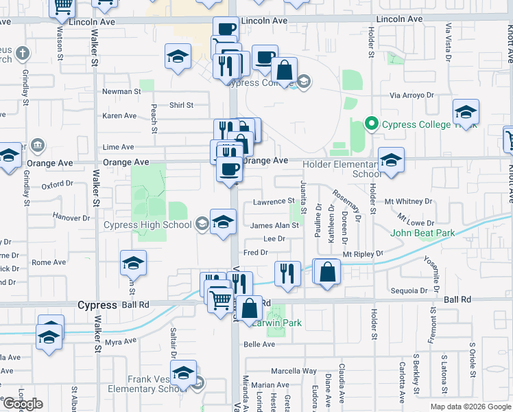 map of restaurants, bars, coffee shops, grocery stores, and more near 6064 Lawrence Street in Cypress