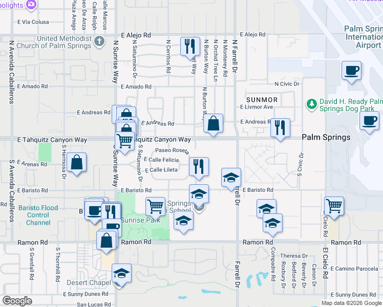 map of restaurants, bars, coffee shops, grocery stores, and more near 2246 Paseo Roseta in Palm Springs