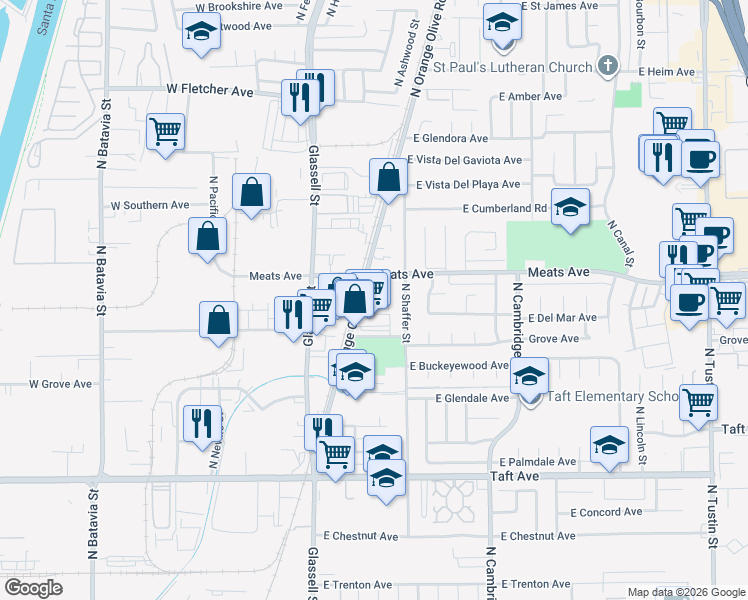 map of restaurants, bars, coffee shops, grocery stores, and more near 2047 North Orange Olive Road in Orange