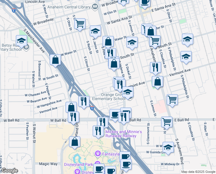 map of restaurants, bars, coffee shops, grocery stores, and more near 629 West Vermont Avenue in Anaheim