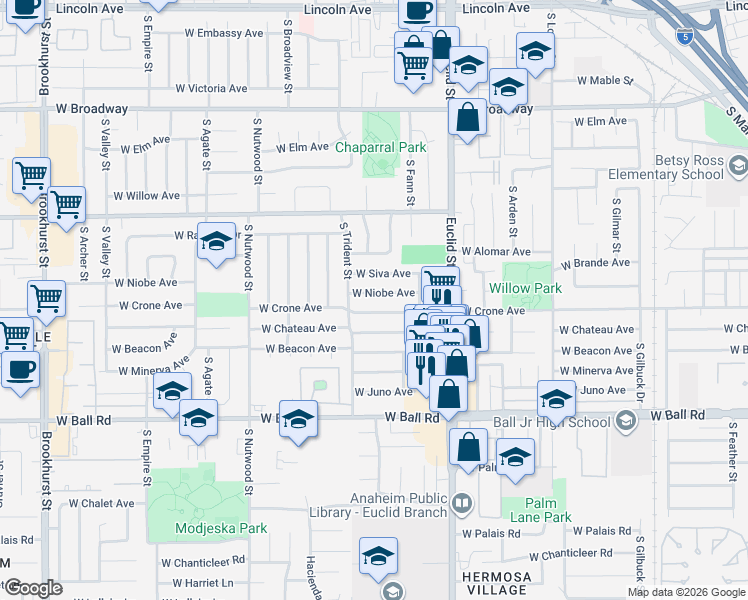 map of restaurants, bars, coffee shops, grocery stores, and more near 1780 West Niobe Avenue in Anaheim