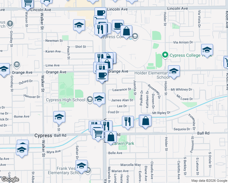 map of restaurants, bars, coffee shops, grocery stores, and more near 6034 Lawrence Street in Cypress
