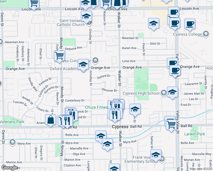 map of restaurants, bars, coffee shops, grocery stores, and more near 9665 Halifax Drive in Cypress