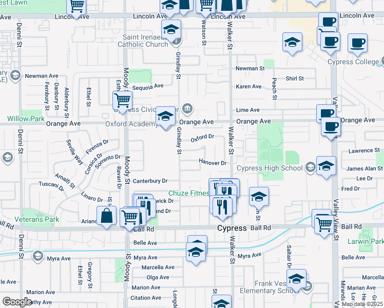 map of restaurants, bars, coffee shops, grocery stores, and more near 9665 Halifax Drive in Cypress