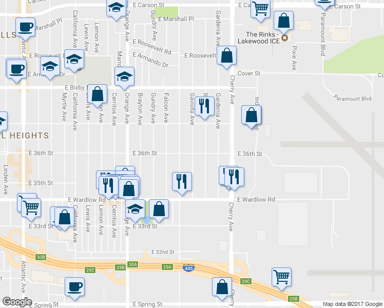 map of restaurants, bars, coffee shops, grocery stores, and more near Gaviota Avenue in Long Beach