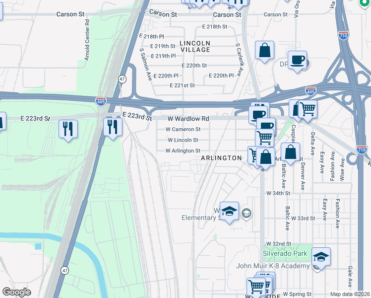 map of restaurants, bars, coffee shops, grocery stores, and more near 2301 West Arlington Street in Long Beach