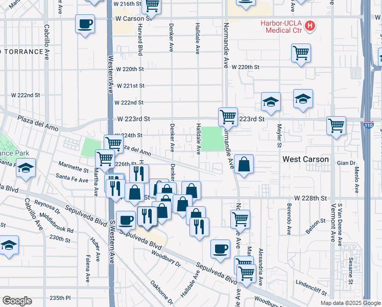 map of restaurants, bars, coffee shops, grocery stores, and more near 1414 225th Street in Torrance