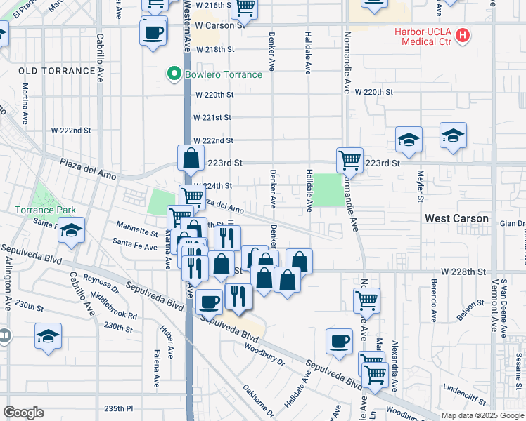 map of restaurants, bars, coffee shops, grocery stores, and more near 1537 Plaza del Amo in Torrance