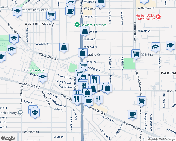 map of restaurants, bars, coffee shops, grocery stores, and more near 1646 Plaza del Amo in Torrance