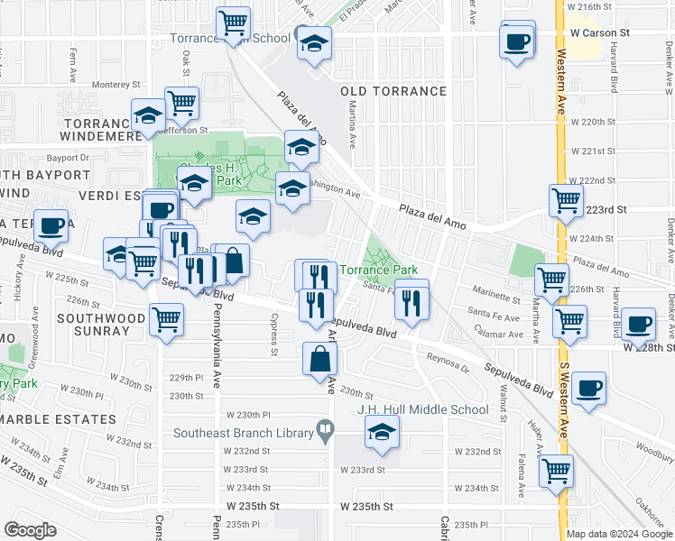 map of restaurants, bars, coffee shops, grocery stores, and more near 2612 Apple Avenue in Torrance