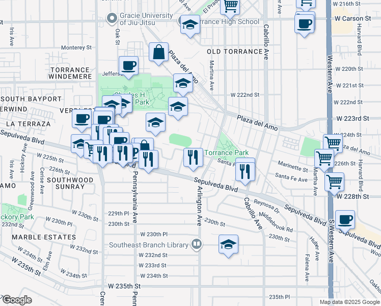 map of restaurants, bars, coffee shops, grocery stores, and more near 2612 Apple Avenue in Torrance