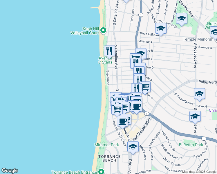 map of restaurants, bars, coffee shops, grocery stores, and more near 1409 Esplanade in Redondo Beach