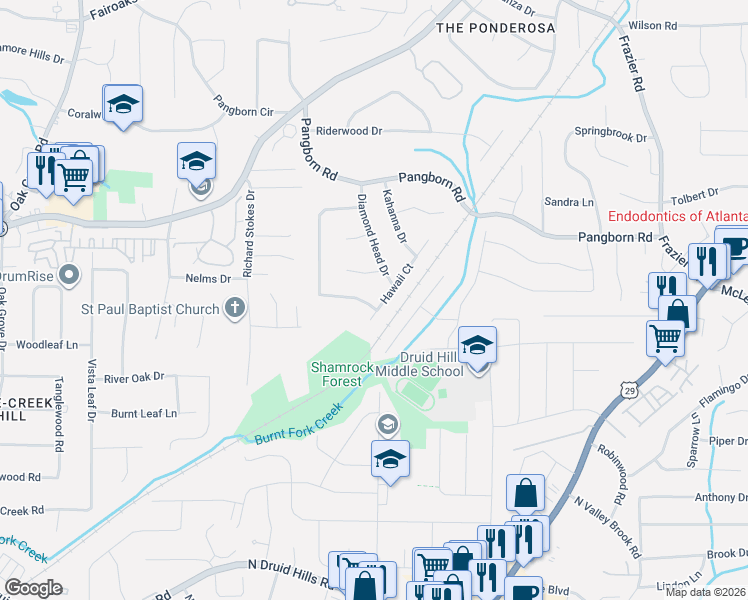 map of restaurants, bars, coffee shops, grocery stores, and more near 2700 Hawaii Court in Decatur