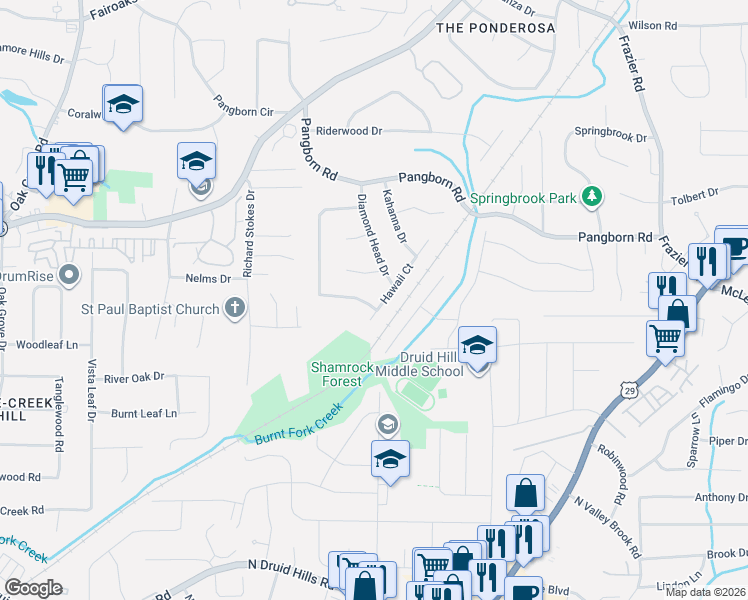 map of restaurants, bars, coffee shops, grocery stores, and more near 2700 Hawaii Court in Decatur