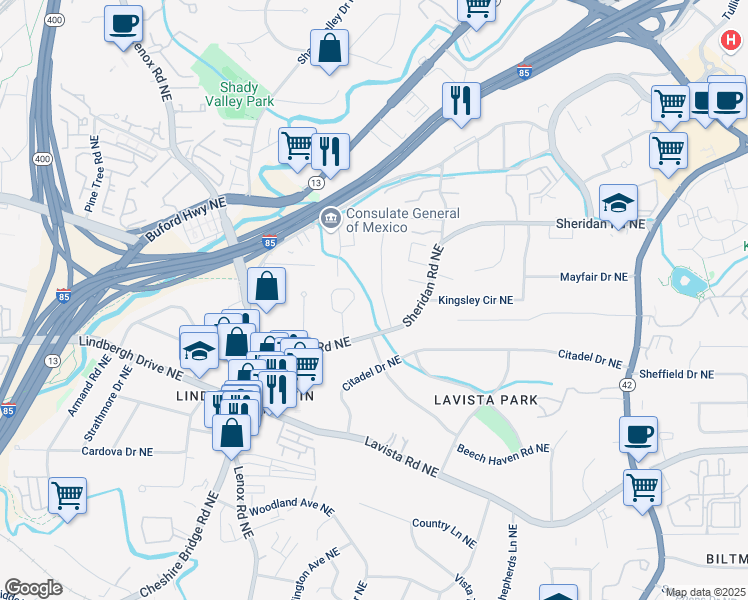 map of restaurants, bars, coffee shops, grocery stores, and more near 1428 Brookvalley Lane in Atlanta