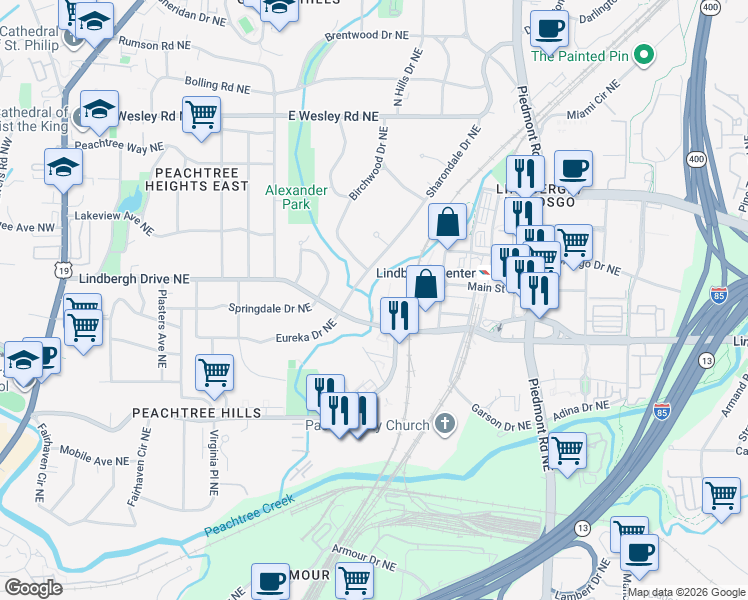 map of restaurants, bars, coffee shops, grocery stores, and more near 430 Lindbergh Drive Northeast in Atlanta