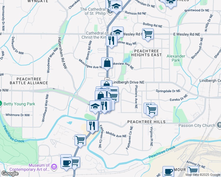 map of restaurants, bars, coffee shops, grocery stores, and more near 2467 Peachtree Road in Atlanta