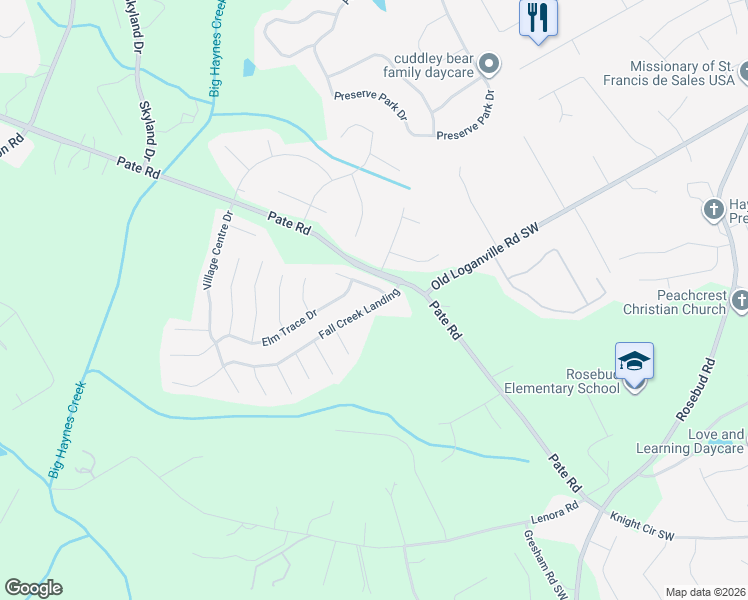 map of restaurants, bars, coffee shops, grocery stores, and more near 2161 Fall Creek Lodge in Loganville