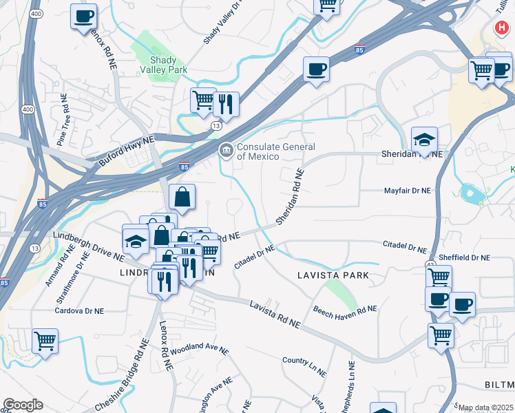 map of restaurants, bars, coffee shops, grocery stores, and more near 1428 Brookvalley Lane in Atlanta