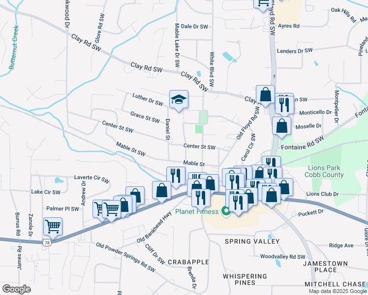 map of restaurants, bars, coffee shops, grocery stores, and more near 5412 Peak Street in Mableton