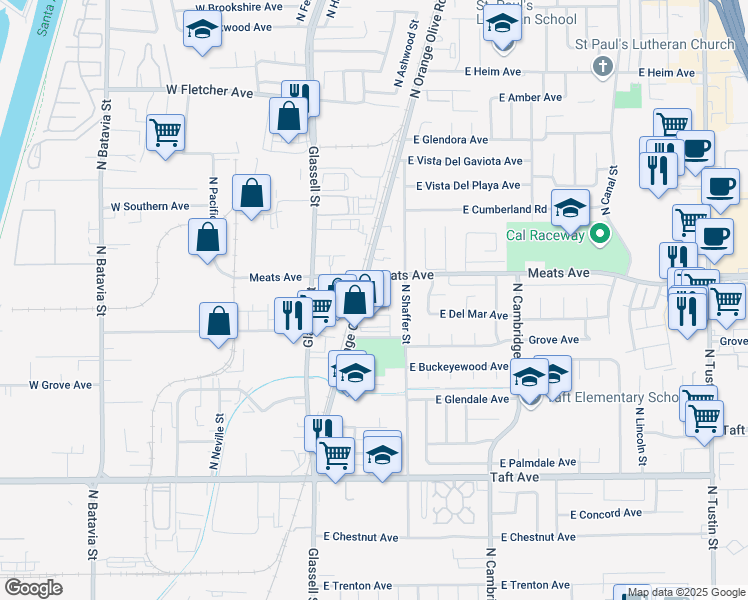 map of restaurants, bars, coffee shops, grocery stores, and more near 2047 North Orange Olive Road in Orange