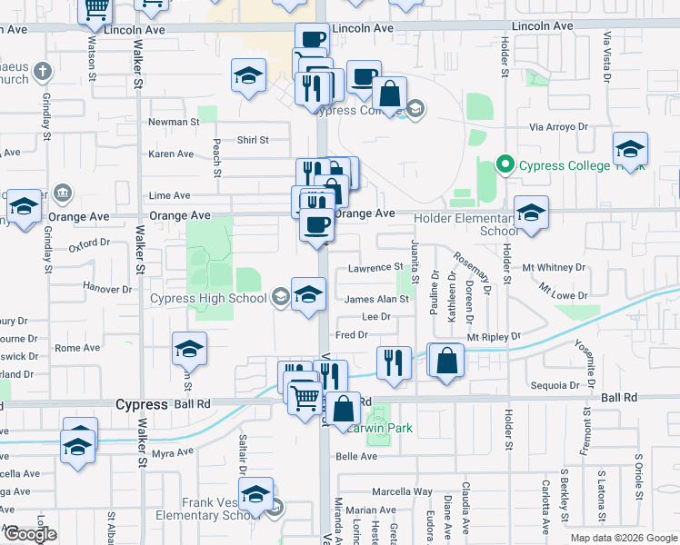 map of restaurants, bars, coffee shops, grocery stores, and more near 6034 Lawrence Street in Cypress