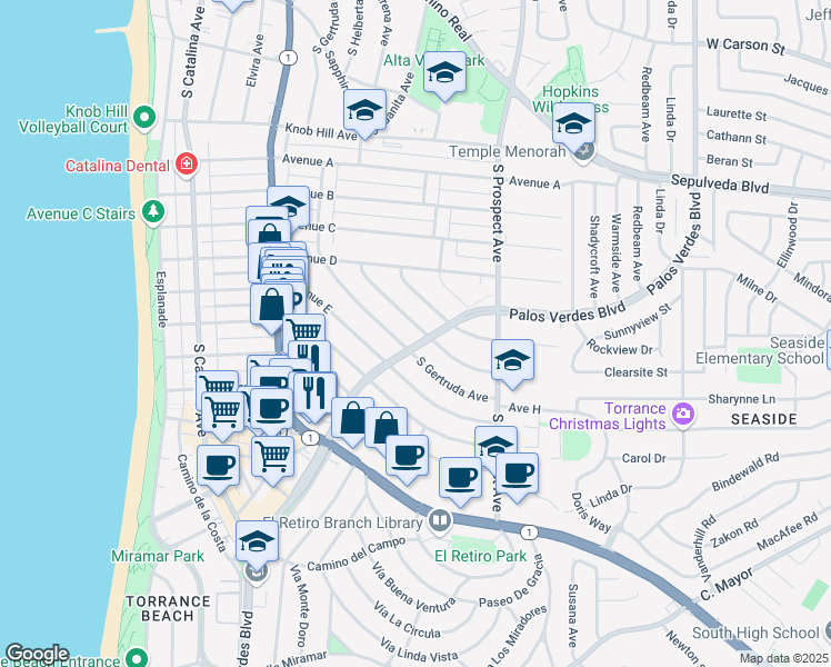 map of restaurants, bars, coffee shops, grocery stores, and more near 1241 South Helberta Avenue in Redondo Beach