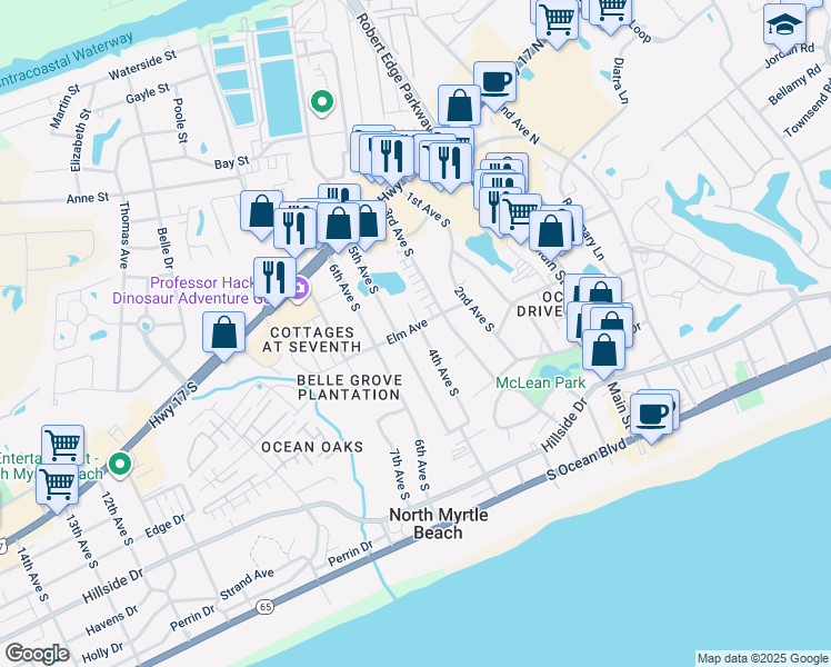 map of restaurants, bars, coffee shops, grocery stores, and more near 509 4th Avenue South in North Myrtle Beach