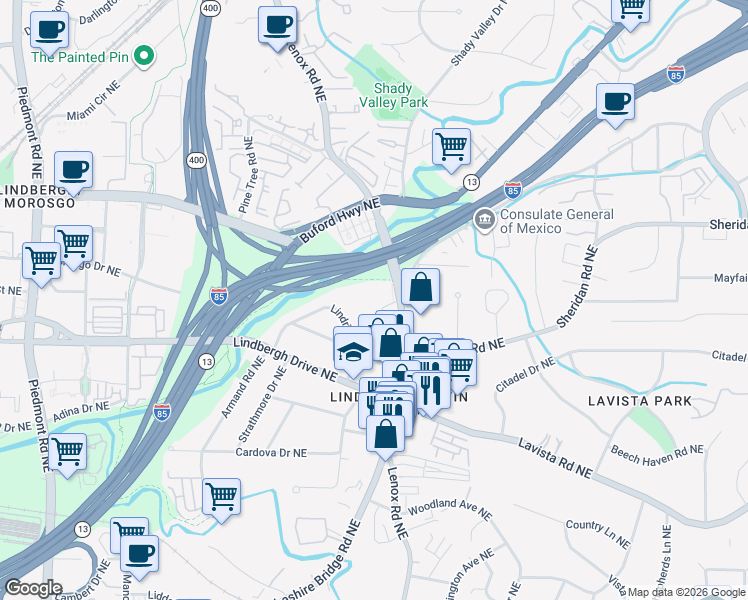 map of restaurants, bars, coffee shops, grocery stores, and more near 2470 Cheshire Bridge Road Northeast in Atlanta