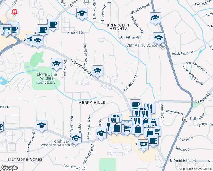 map of restaurants, bars, coffee shops, grocery stores, and more near 1440 Druid Manor Boulevard in Atlanta