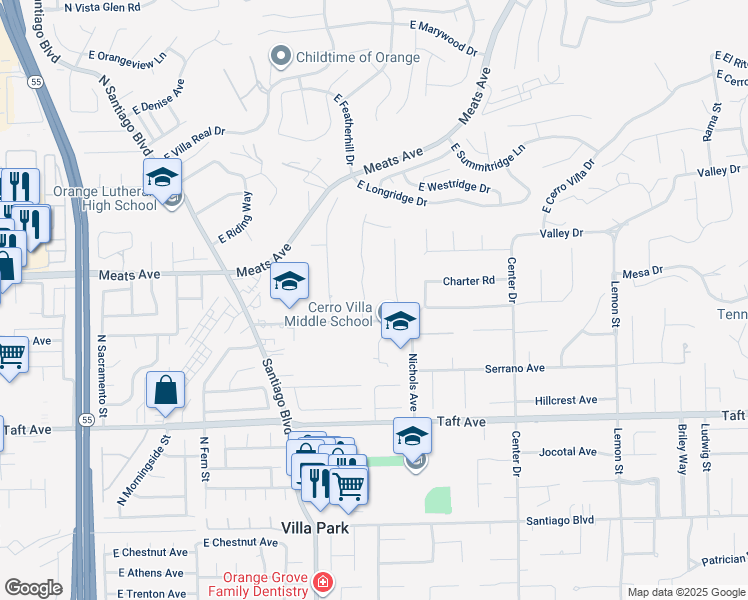 map of restaurants, bars, coffee shops, grocery stores, and more near 9652 Brynmar Drive in Villa Park