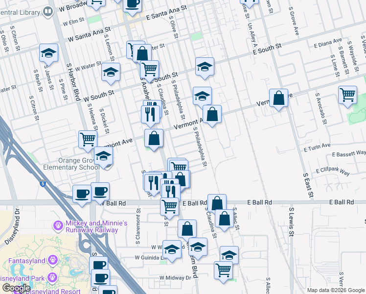 map of restaurants, bars, coffee shops, grocery stores, and more near 216 East Susanne Street in Anaheim