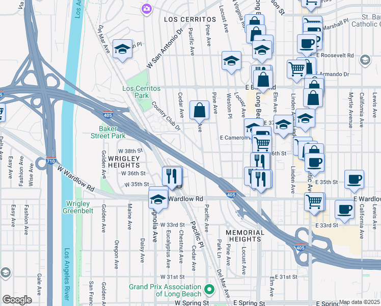 map of restaurants, bars, coffee shops, grocery stores, and more near 3602 Cedar Avenue in Long Beach