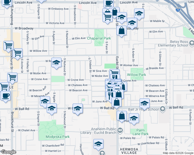 map of restaurants, bars, coffee shops, grocery stores, and more near 1780 West Niobe Avenue in Anaheim