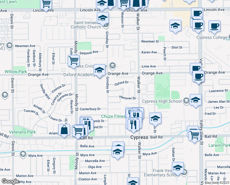 map of restaurants, bars, coffee shops, grocery stores, and more near 9665 Halifax Drive in Cypress