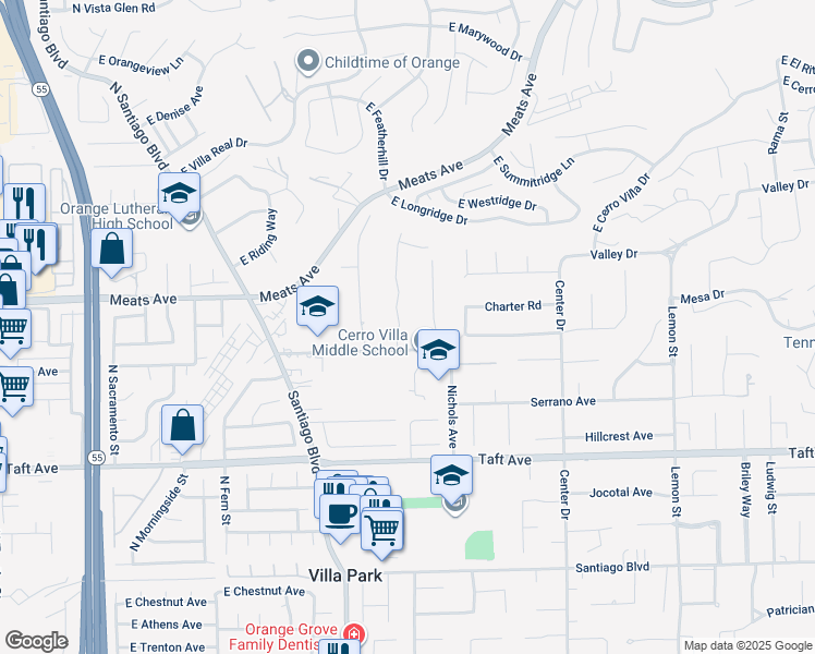 map of restaurants, bars, coffee shops, grocery stores, and more near 9652 Brynmar Drive in Villa Park