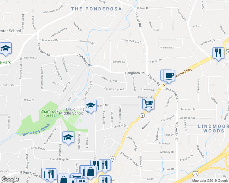 map of restaurants, bars, coffee shops, grocery stores, and more near 2921 Country Squire Lane in Decatur