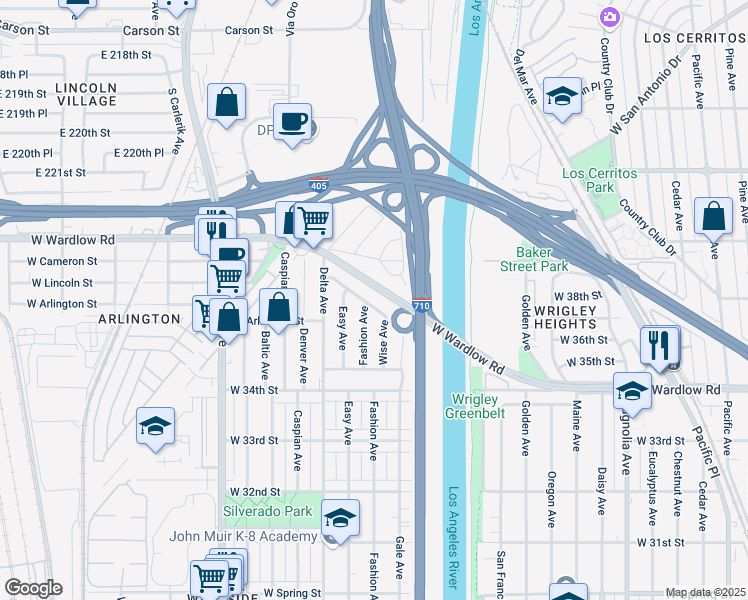 map of restaurants, bars, coffee shops, grocery stores, and more near 1299 West Cameron Street in Long Beach