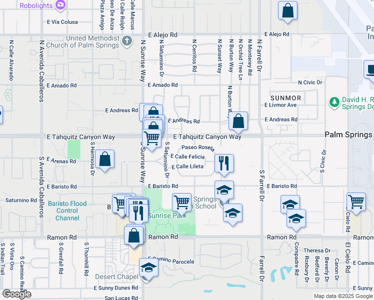 map of restaurants, bars, coffee shops, grocery stores, and more near 2057 Paseo Roseta in Palm Springs
