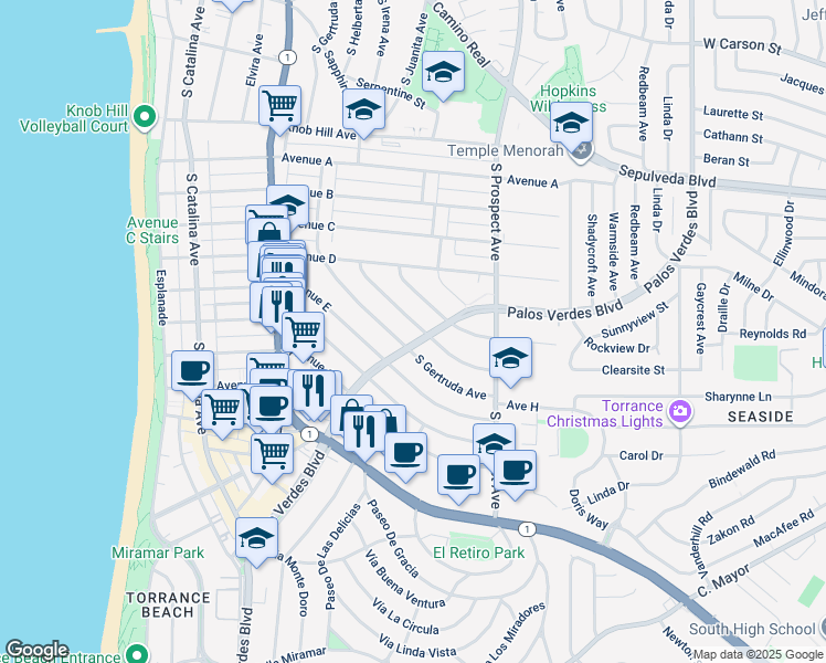 map of restaurants, bars, coffee shops, grocery stores, and more near 1241 South Helberta Avenue in Redondo Beach