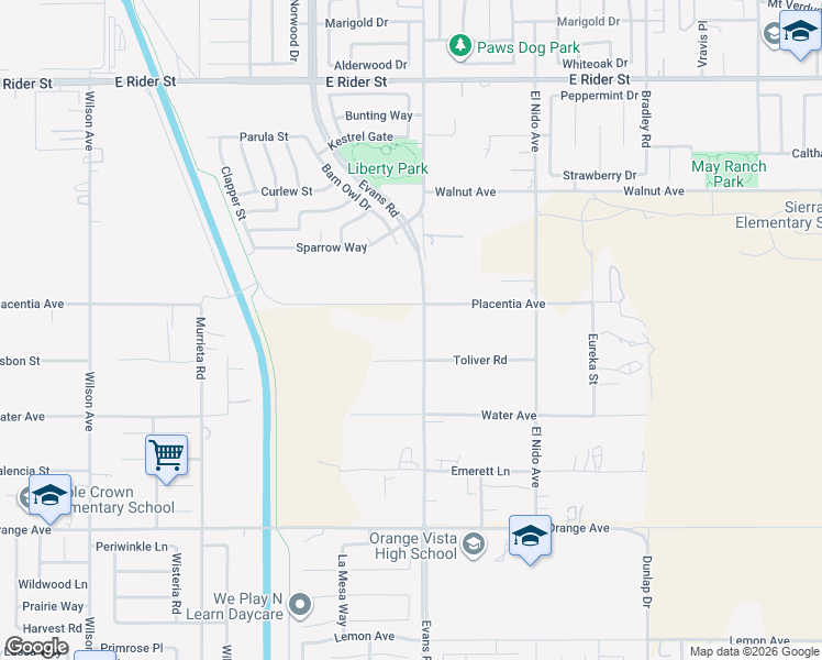 map of restaurants, bars, coffee shops, grocery stores, and more near 20571 Evans Road in Perris